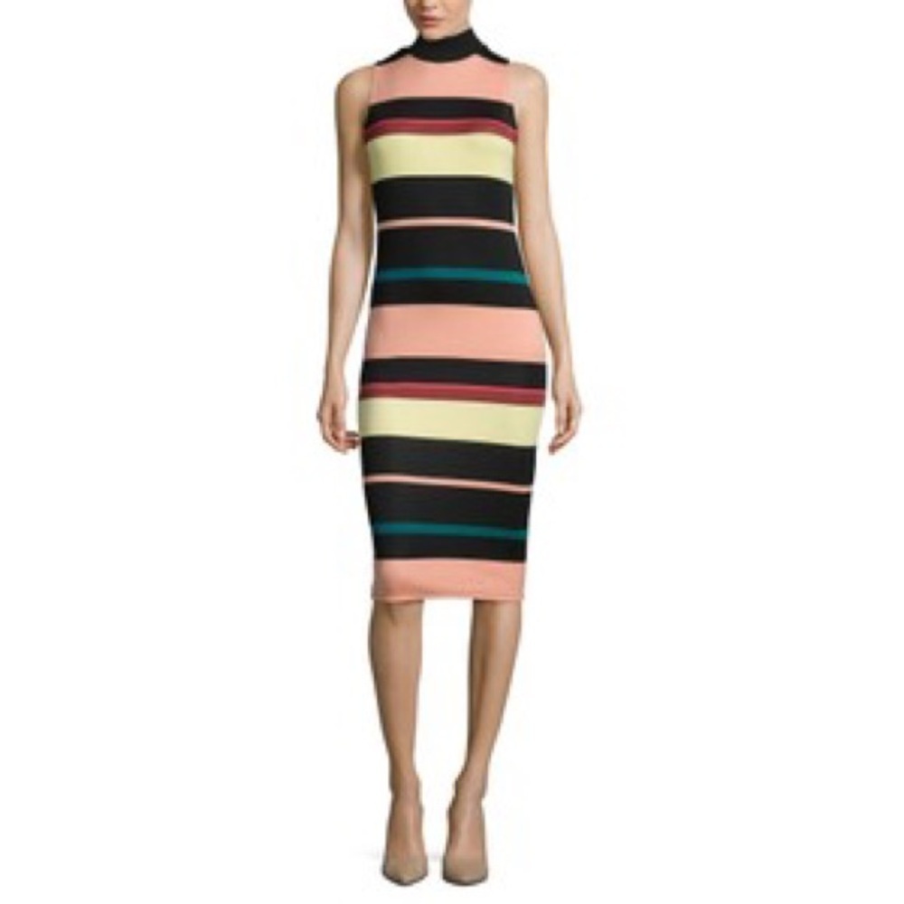 belle sky Striped Sleeveless Midi Dress in Peach, Black, Cream and Teal Size M